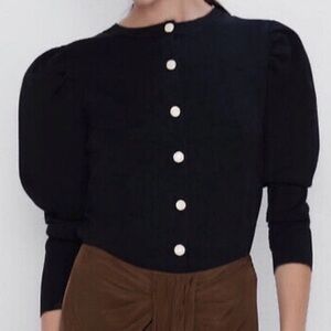 Zara Faux Pearl gold Button Knit Puff Sleeve black Cardigan bloggers favorite